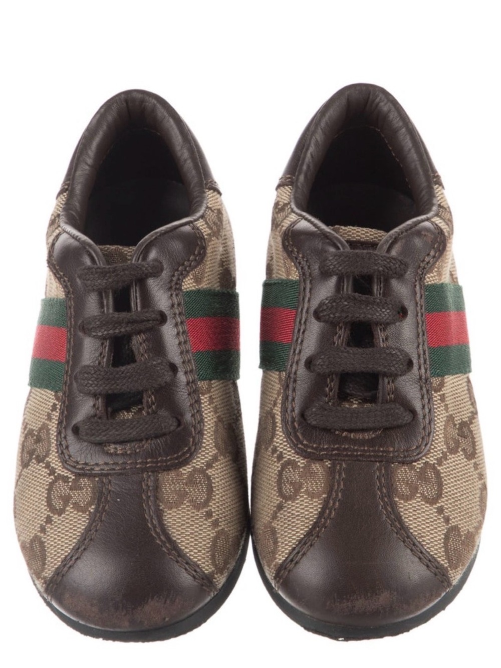 Gucci Brown Monogram Kids Sneakers with Green & Red Stripe